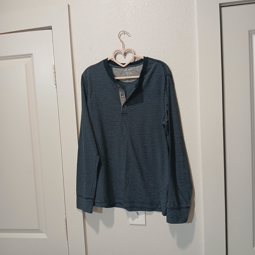 Banana Republic Mens Henley Shirt Long Sleeve Striped Navy Blue Grey Size M
